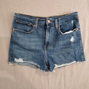 Levis High Rise Distressed Denim Shorts Medium Wash Frayed Hem Size 30 Womens